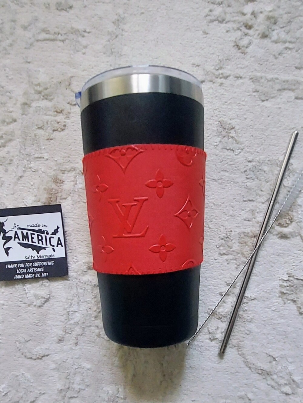 Black Travel Tumbler with Red Monogram Sleeve